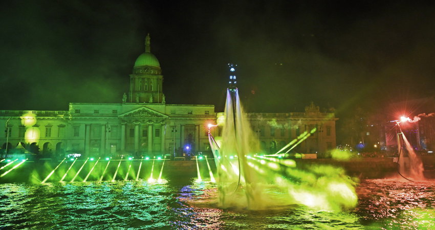 During the Dublin New Year's Eve Festival, the Liffey River becomes a light show