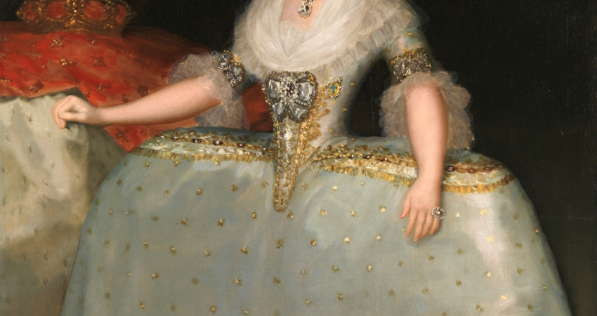 La reina María Luisa con tontillo de Goya inspiró en 1963 al modista para la creación de este vestido de noche en satén verde