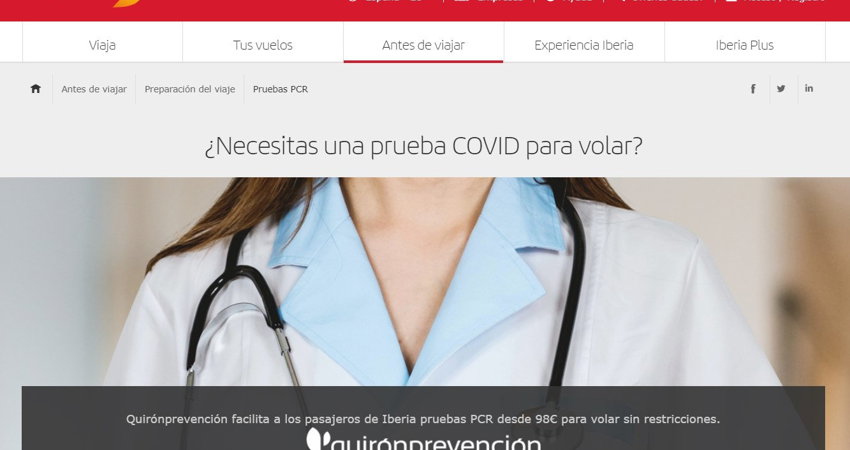 Iberia y Quirónprevención se unen para que los clientes puedan hacerse test Covid.