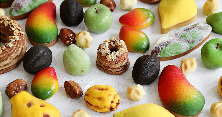 The best patisseries in Paris. Pictured here are the new trompe l'oeil creations that imitate fruits such as green apples, mangoes and dates.