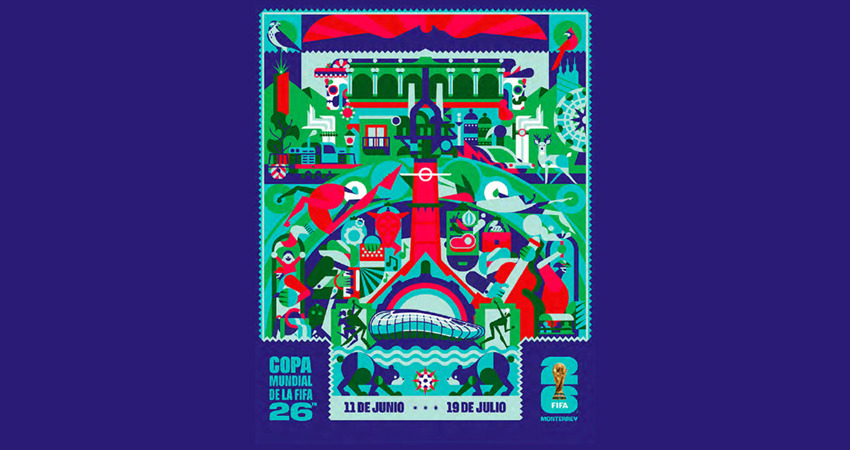Cártel del Mundial para la sede de Monterrey, diseñado por el artista Mario Cortés, mejor conocido como Cuemanche