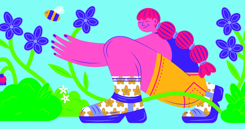 Ilustración de una figura femenina de piel rosa con trenzas, inclinada hacia adelante para tocar una flor azul grande. Viste calcetines estampados con flores amarillas y zapatos azules. La rodea un jardín exuberante con flores azules de cinco pétalos, arbustos verdes y una abeja volando. La paleta de colores es vibrante: azul cian de fondo, verde eléctrico, rosa fucsia y amarillo. El estilo es ilustración plana con contornos gruesos,